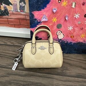 NWT COACH Mini Rowan Bag Charm Signature Canvas CX068 Silver /Hay